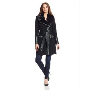 Via Spiga Womens Asymmetrical Zip Front Wool Coat with Faux Fur Size 4